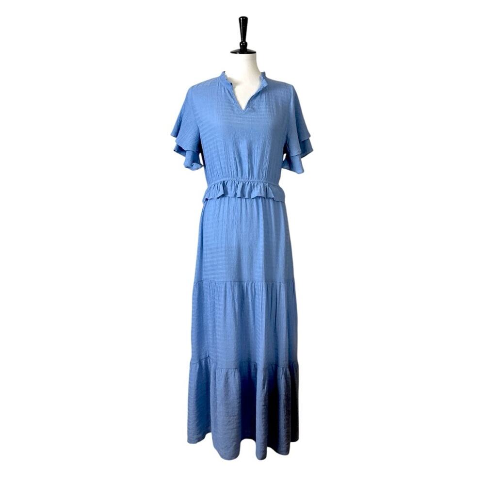 Pretty Garden Dress V-neck Ruffle Sleeves Elastic Waist Blue Women’s Size Large